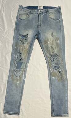 KDNK 114 14 11 Mens Distressed Paint Splatter Skinny Fit Jeans Light Wash Size 3